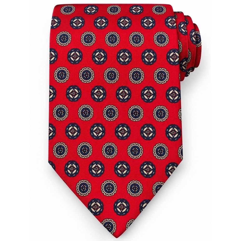 Oak Creek 100% Silk Necktie Red Geometric Medallion Wide 4" USA Made Classic